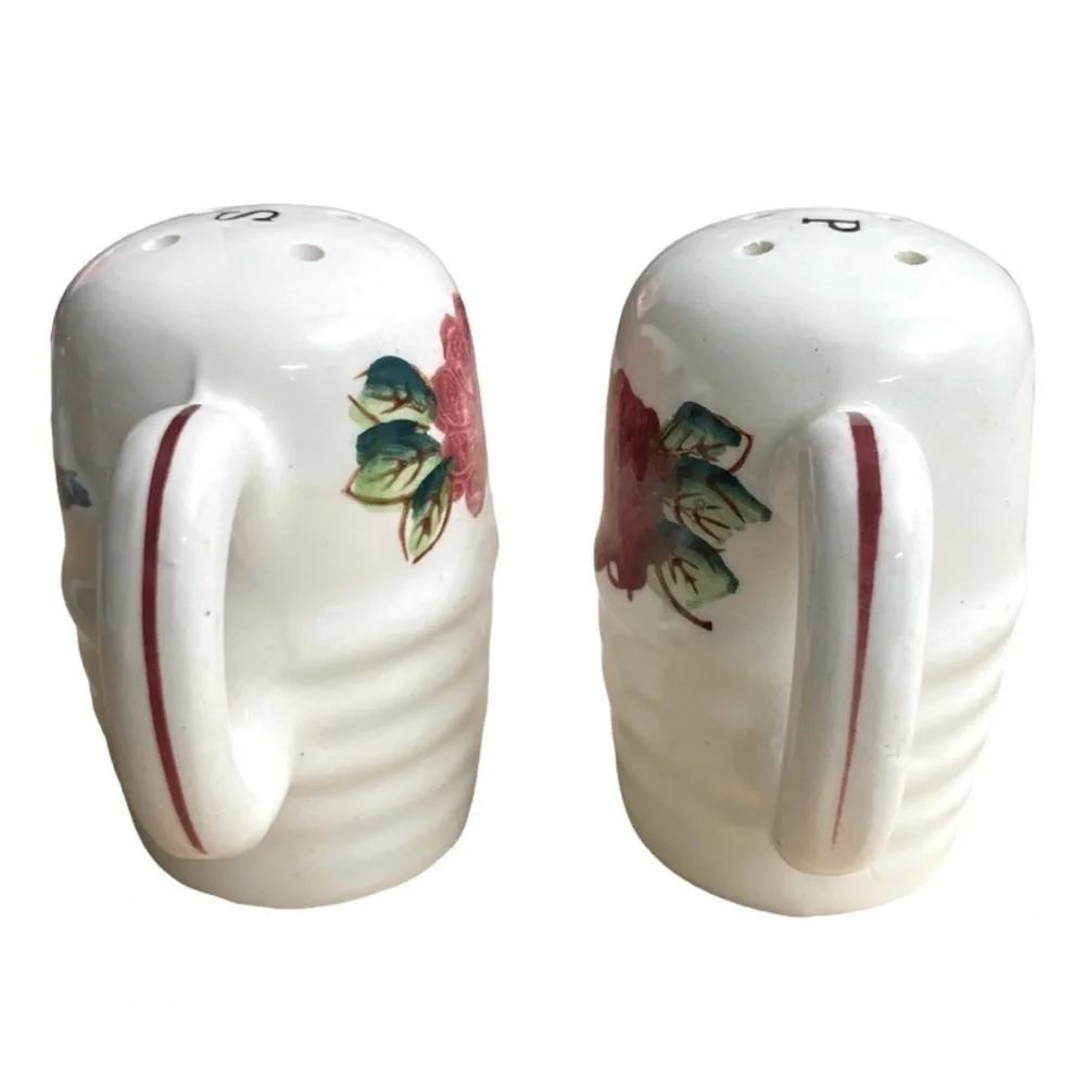 Vintage Hand Painted Floral Salt & Pepper Shakers Handles Portugal Style
